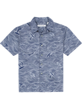 Navy boy's shirt with whale print, short sleeve, front view.