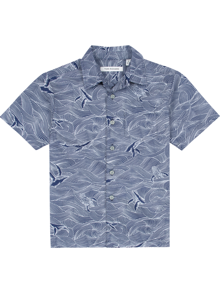 Navy boy's shirt with whale print, short sleeve, front view.