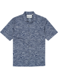 Navy and white wave and bird-print short-sleeve cotton shirt, flat lay view.