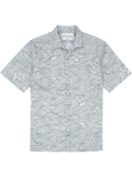 Light gray wave & whale print short-sleeve cotton lawn shirt, front view.