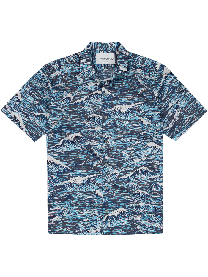 Blue and white wave-pattern short-sleeve cotton shirt, front view.