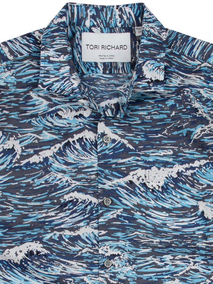 Blue and white wave-print cotton shirts, short-sleeve, lightweight, Tori Richard collar labels visible, front views.