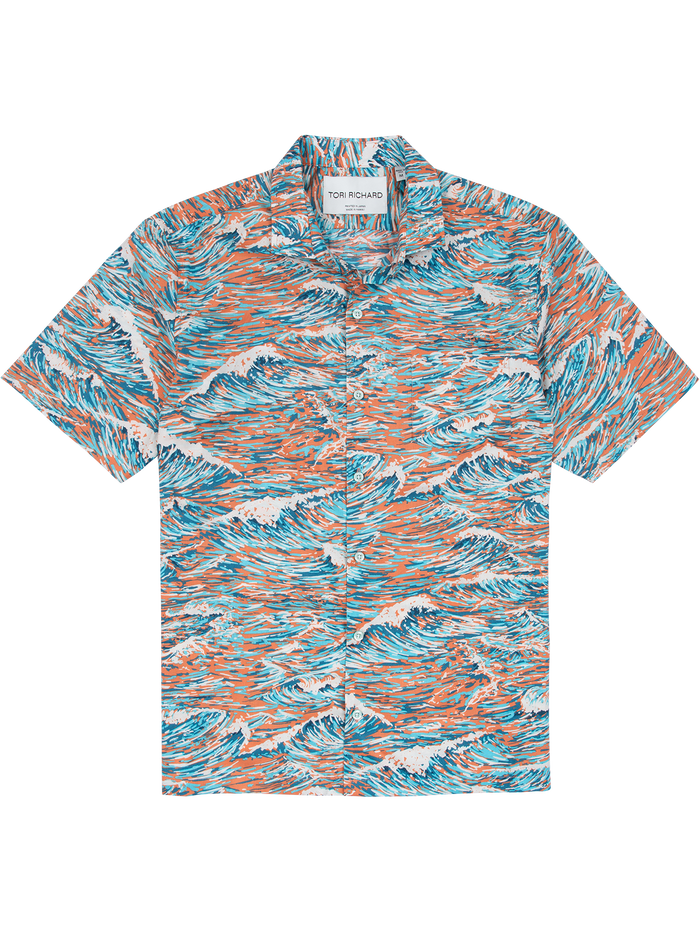 Orange, blue, and white ocean wave print lightweight cotton shirt, front view.