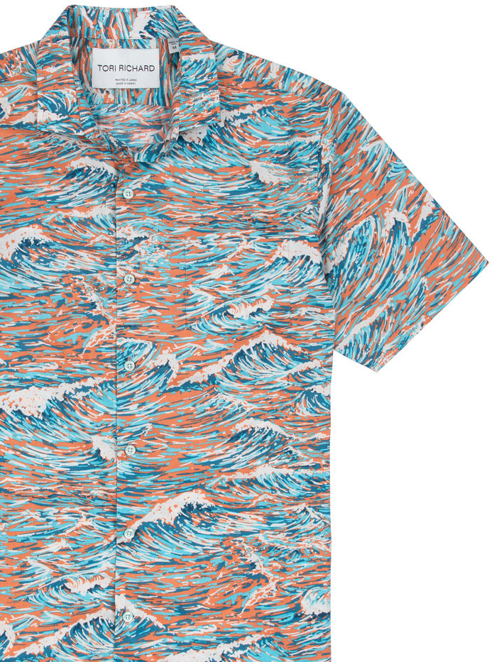 Orange, blue, and white ocean wave-pattern cotton shirt, front and side views.