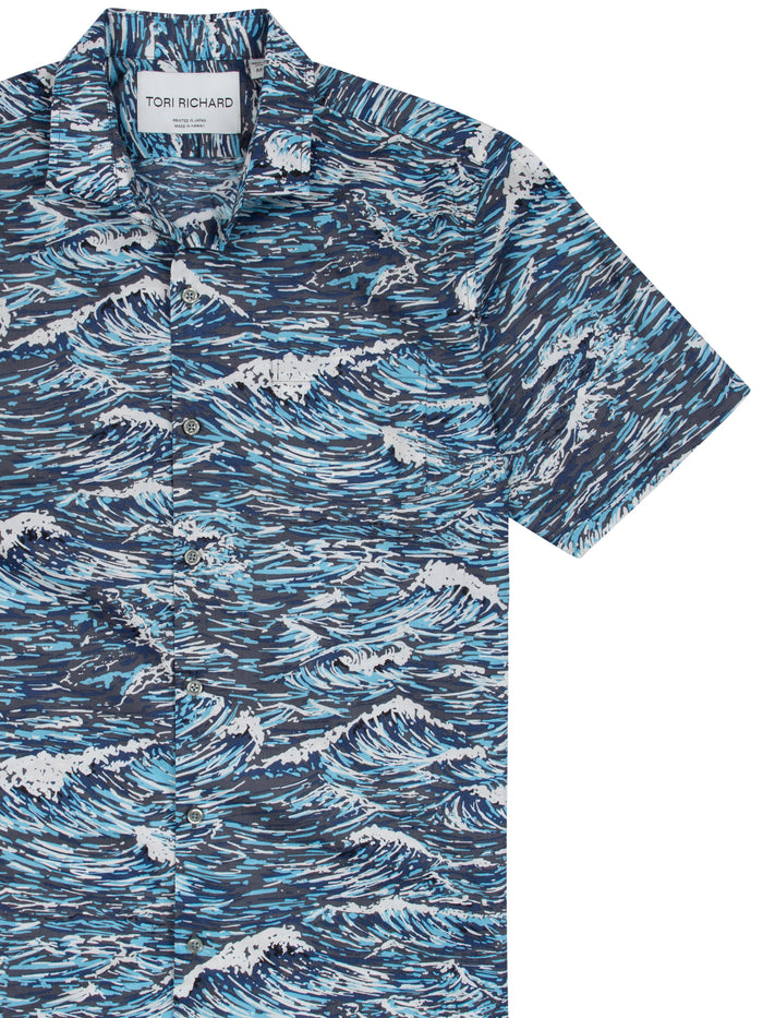 Blue and white ocean wave print cotton short-sleeve shirt, front and back views.