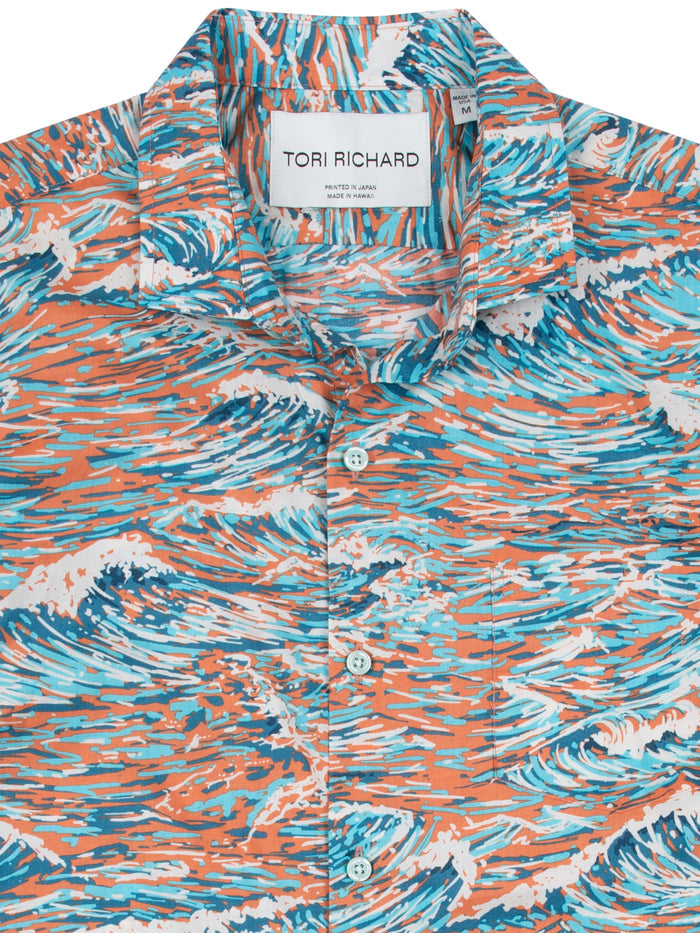 Wave-print cotton lawn shirt, tall fit, blue/orange/white—front and back views.
