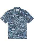 Blue and white ocean wave-print cotton shirt shown in flat lays- front view on a white background.