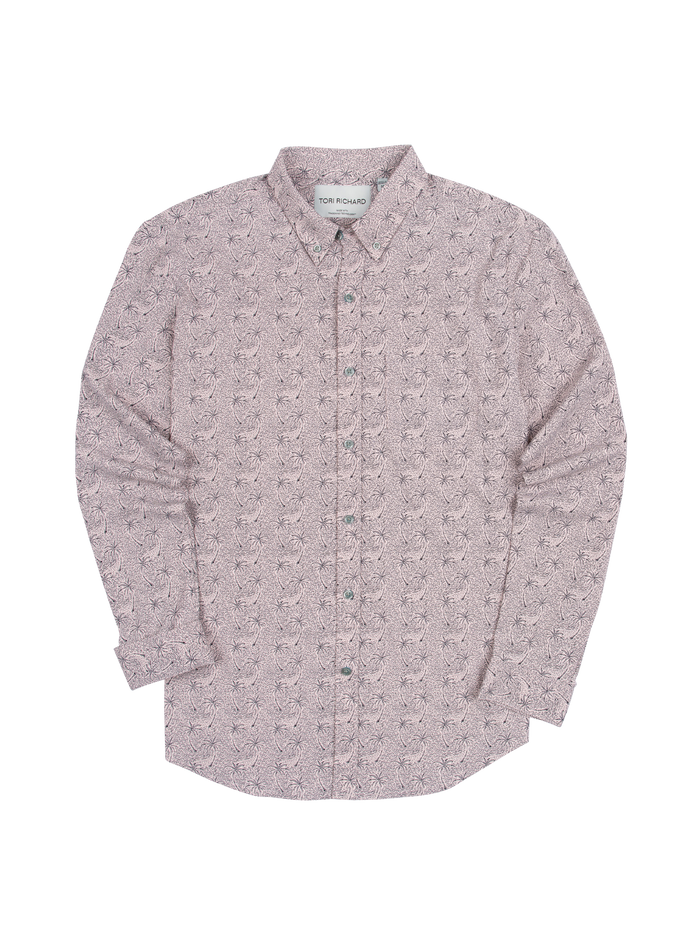 Pink shirt with Blue small floral-print long-sleeve button-up shirt, flat lay on white background.