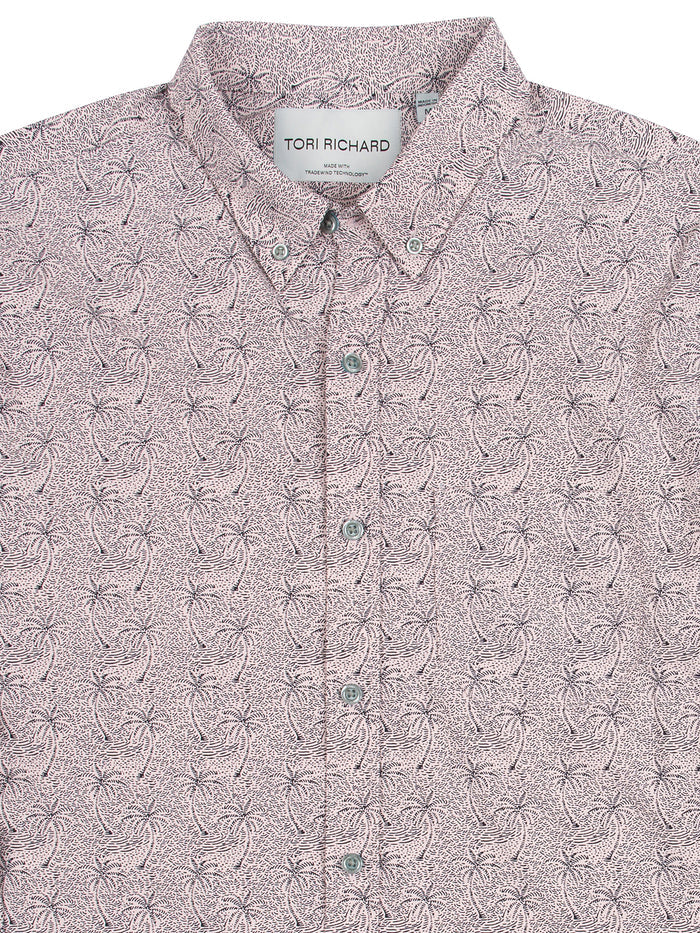 Light pink palm tree-print long-sleeve shirt with UPF protection, front view Tori Richard label.