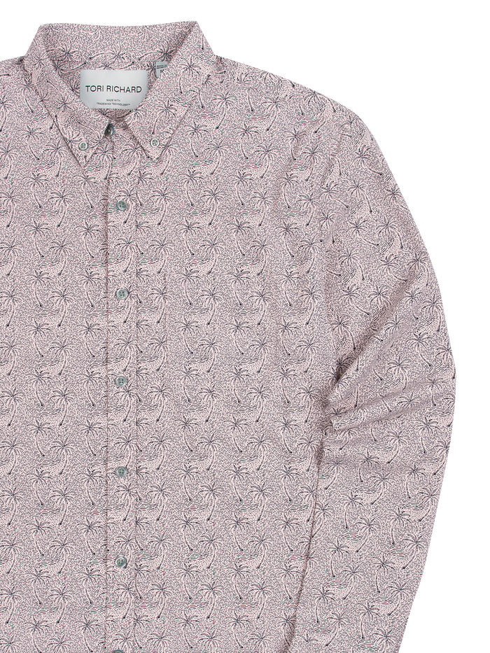 Front view of a light pink and gray geometric-print long-sleeve button-up shirt.