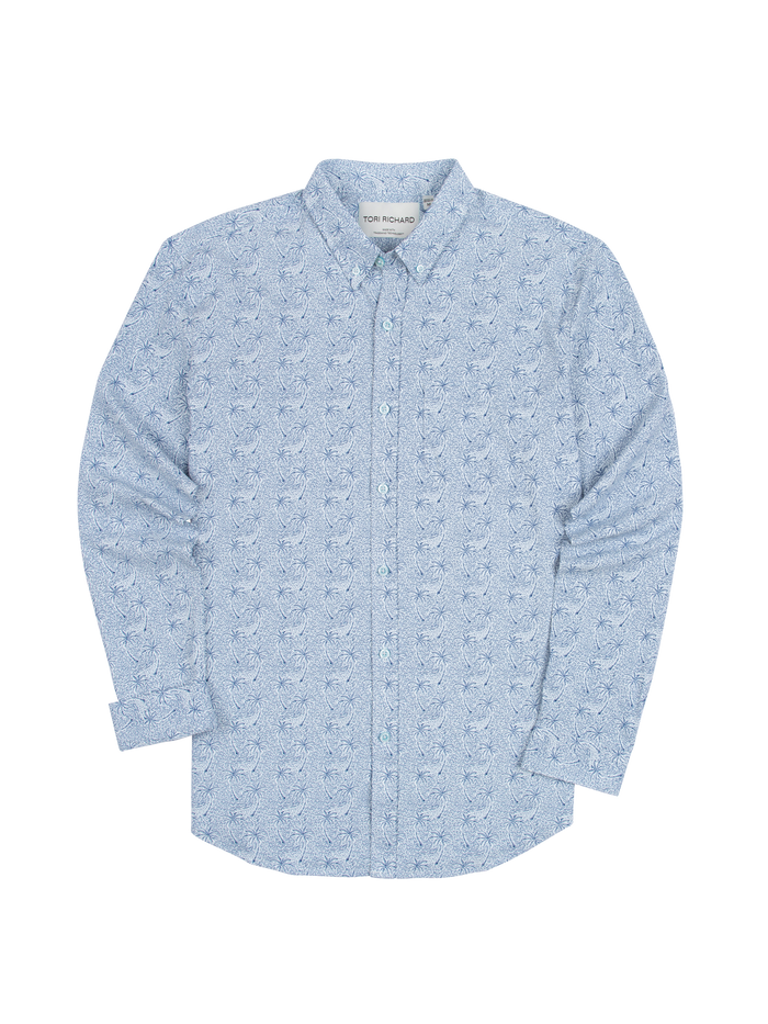 Light blue floral-print long-sleeve shirt, flat front on white background.