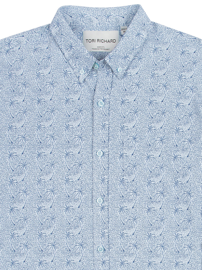 Light blue palm tree print long-sleeve shirt, collar detail with Tori Richard label.