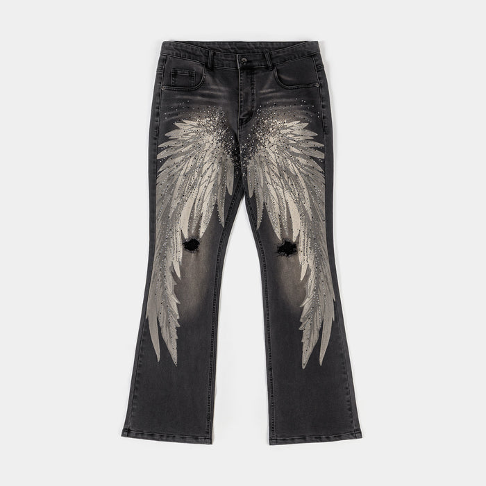 Wings Embossed Denim Mens Pants (Black/Gray)