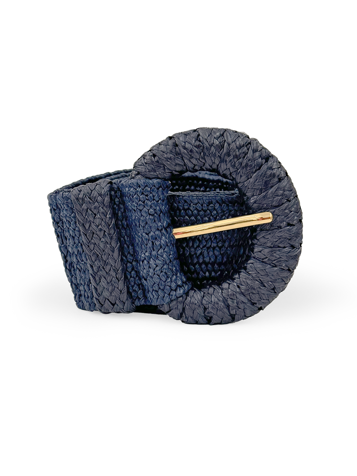 Navy woven raffia belt with round textured buckle and gold prong, front view.