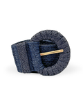 Navy woven raffia belt with round textured buckle and gold prong, front view.