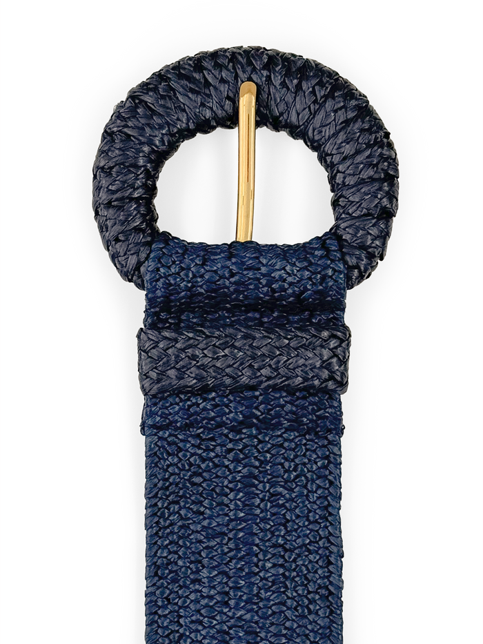 Navy woven raffia belt with round textured buckle and gold prong, shown laid flat.