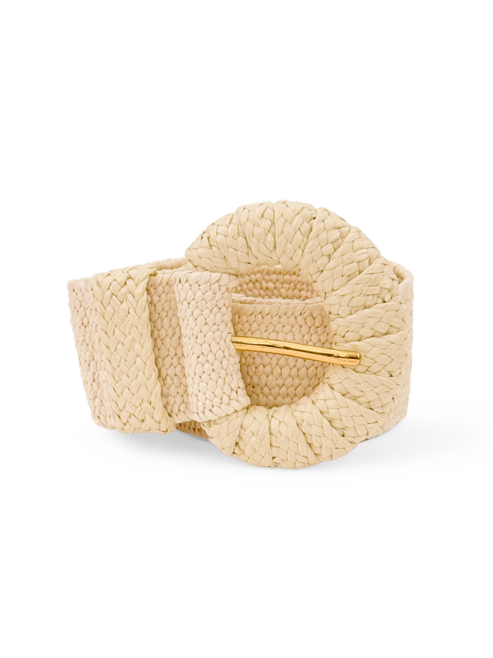 Beige woven raffia belt with large round buckle and gold pin, shown in full front view.