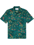 Green tropical floral short-sleeve cotton shirt, front and back views.