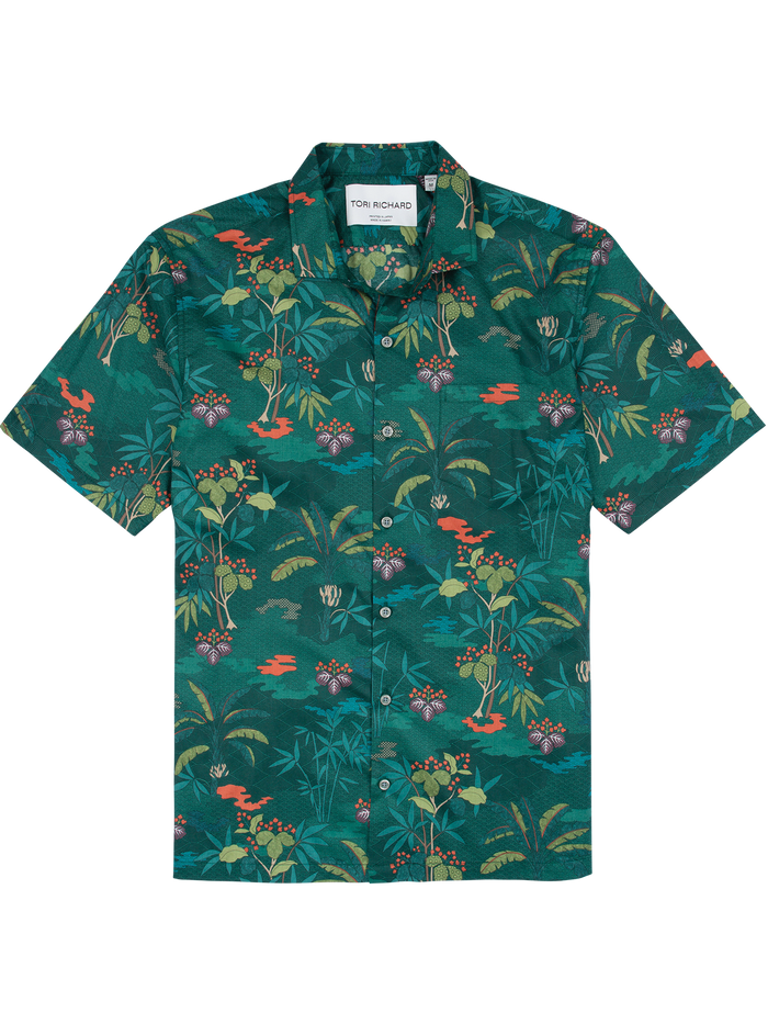 Green tropical floral short-sleeve cotton shirt, front and back views.