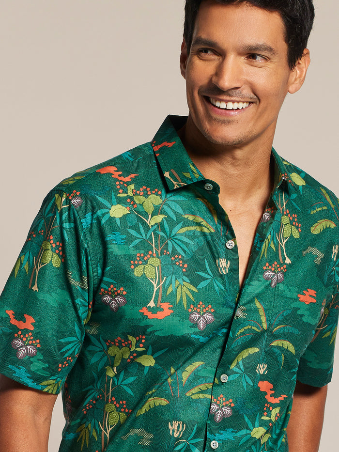 Green cotton short-sleeve shirt with plant and flower print, front view